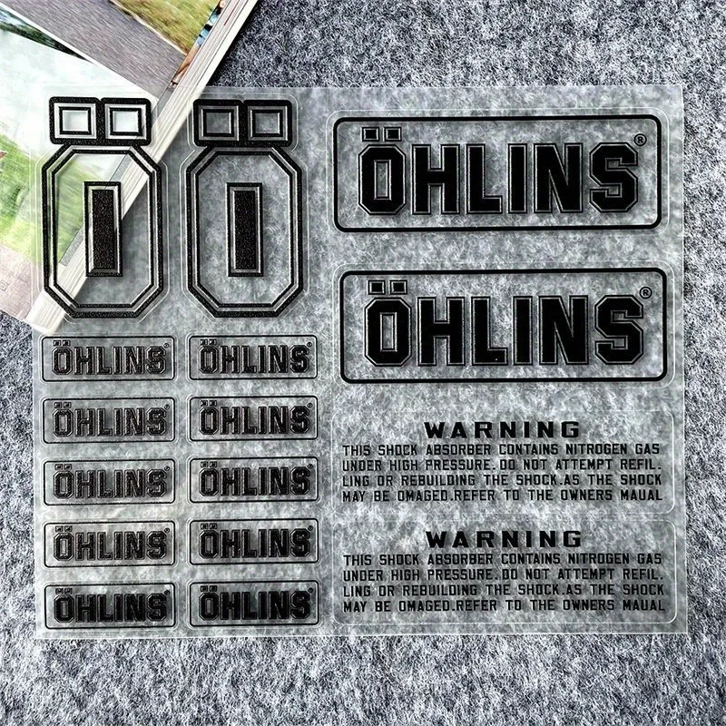 Decalques de motocicleta com amortecedor de suspensão Ohlins - adesivos transparentes com etiquetas de advertência para desempenho aprimorado