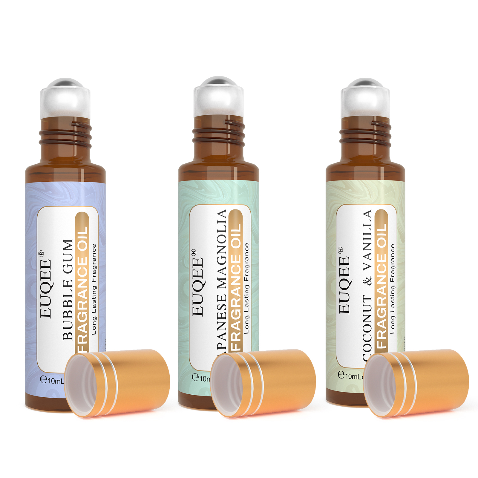 Euqee 3 pçs óleos de fragrância roll-on perfume de longa duração coco & baunilha almíscar branco bebê em pó linho fresco oud madeira âmbar romance