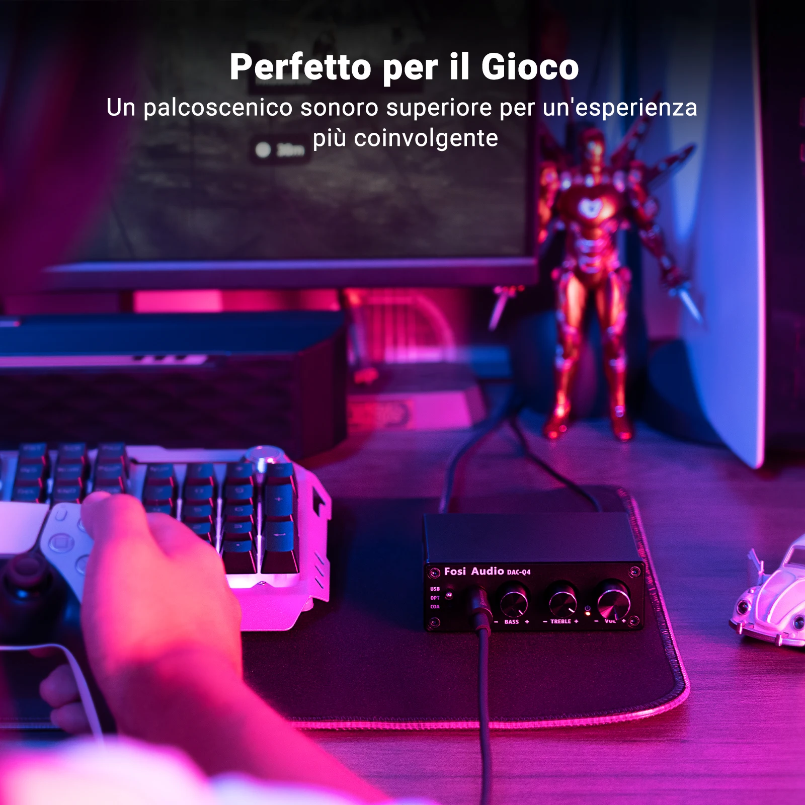 Fosi audio q4 mini estéreo usb gaming dac & amplificador de fone de ouvido adaptador conversor de áudio para casa/desktop alimentado/alto-falantes ativos