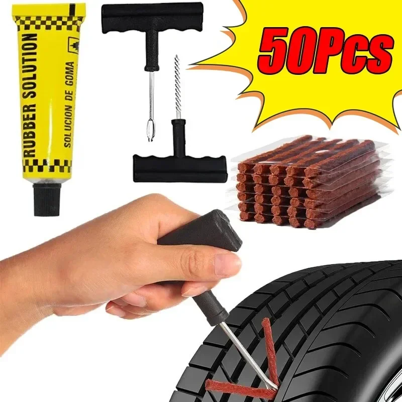 Kit de herramientas de reparación de neumáticos de coche, 5-50 piezas, con tiras de goma, tapón de tachuelas para pinchazos de neumáticos sin cámara, herramienta de reparación de neumáticos al vacío para motocicleta y camión