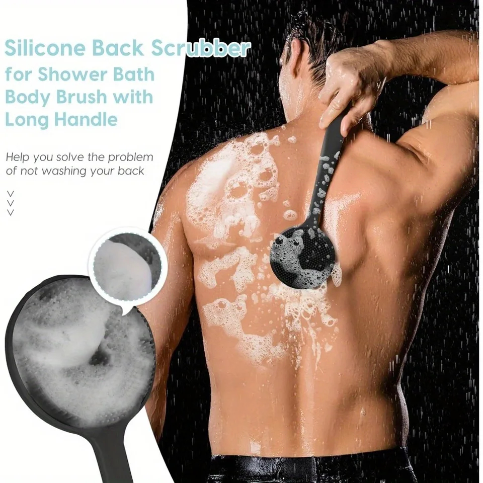 Silicone Back Scrubber Brush for Shower Long Handle Body Deep Cleansing and Exfoliating Massage Double-Sided Soft Bristles