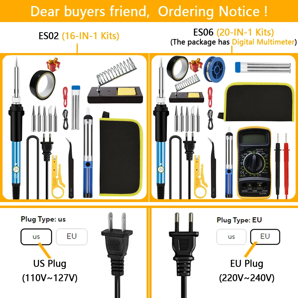 ใหม่ชุดบัดกรีเหล็กเครื่องมือเชื่อม (908-02:16-IN-1)(908-06:20-IN-1 พร้อมมัลติมิเตอร์แบบดิจิตอล) 5 เคล็ดลับพิเศษ EU/US Plug 60W