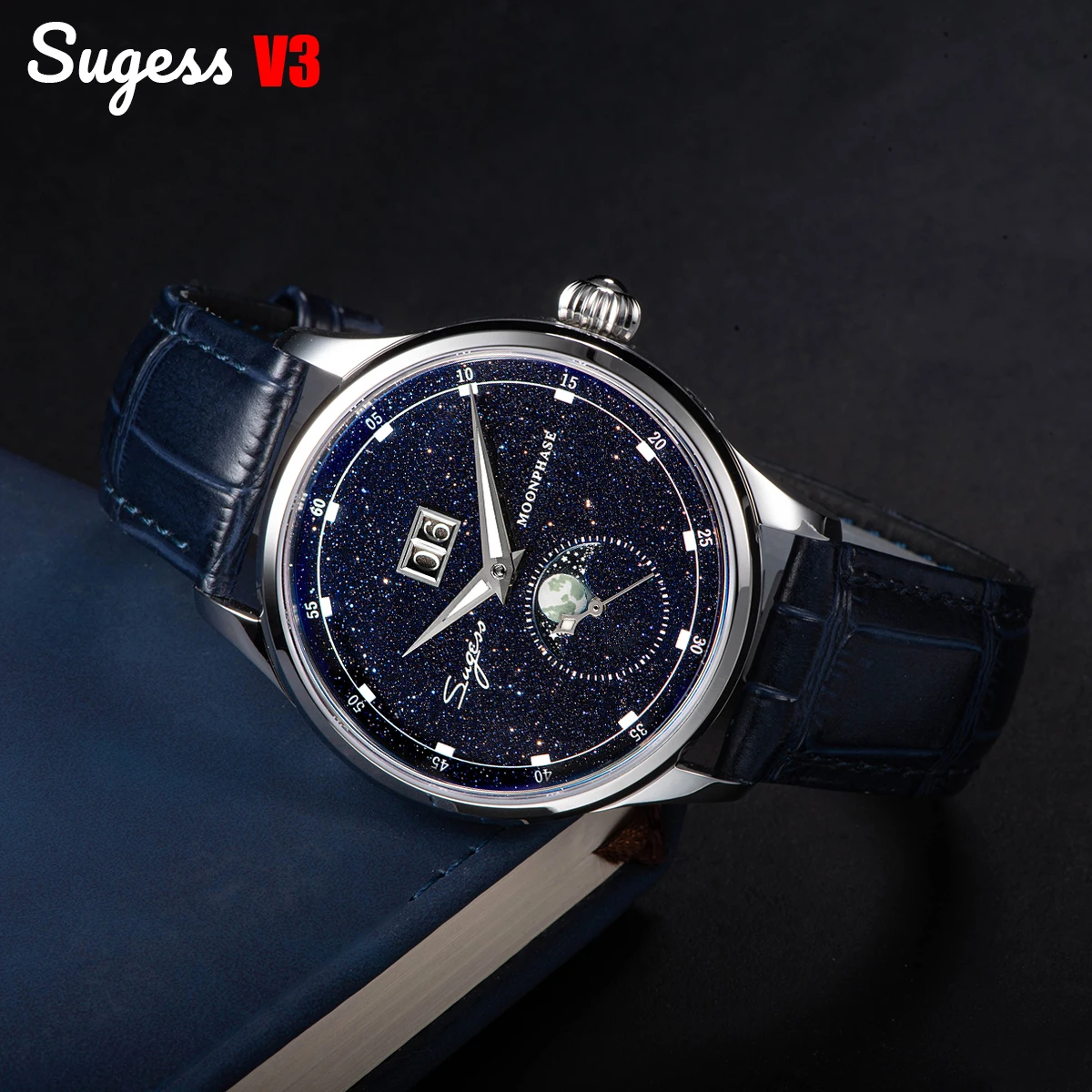 Мужские часы Sugess Moonphase, 40 мм, автоматические механические наручные часы, механизм Origin ST2528, нержавеющая сталь, синие циферблаты из песчаника