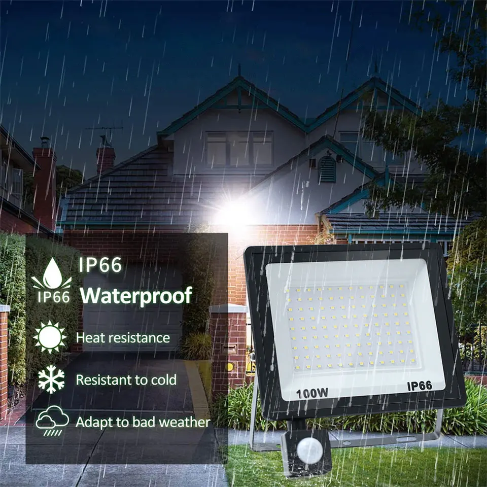 LED Flood Light PIR Motion Sensor 10W 20W 30W 50W 100W 150W 200W 300W AC220V IP66 Wodoodporny reflektor uliczny Reflektor zewnętrzny