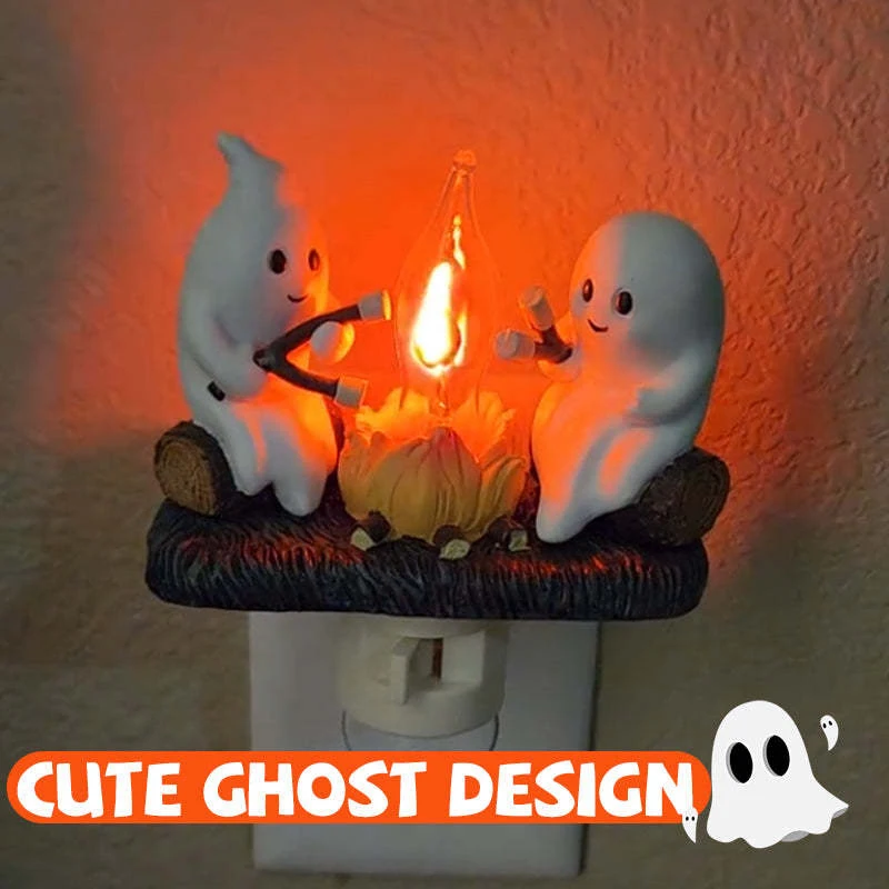 Luz nocturna parpadeante para fogata fantasma, luces nocturnas de Halloween, enchufe en la pared, luz nocturna de calabaza fantasma, lámpara Led de atardecer al amanecer para el hogar
