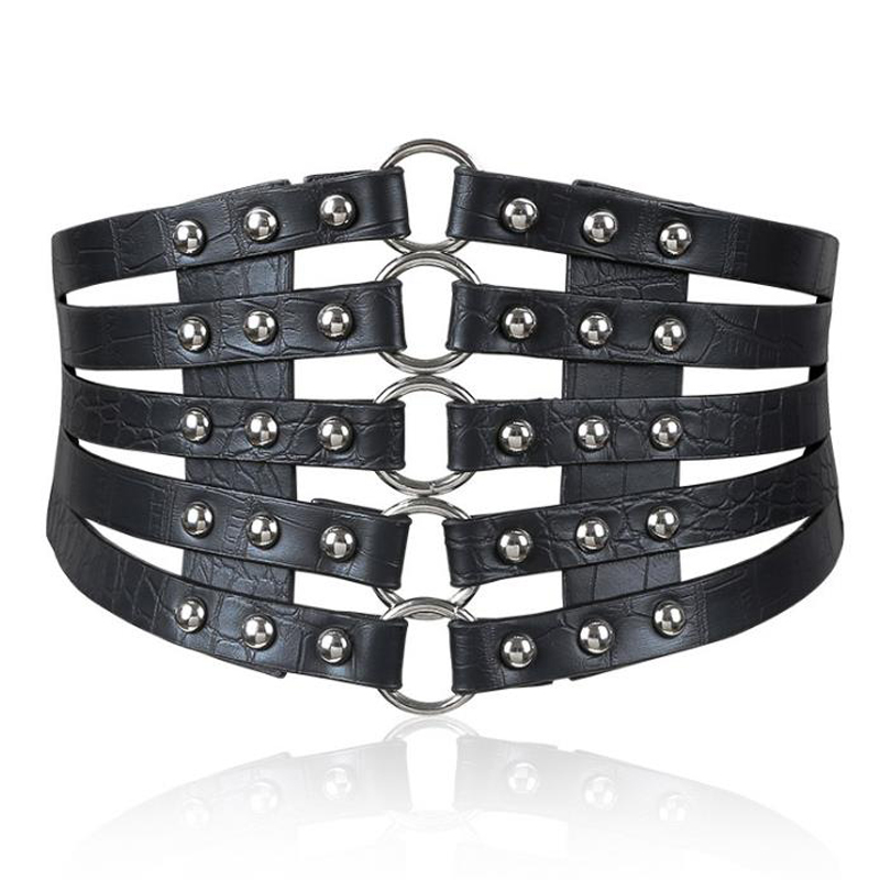 New Women Cummerbunds Vintage Metal Ring Belt Gold Ladies Women Belts Female Fashion Rivet Wide Waist Elastic 5 Straps PU Belt