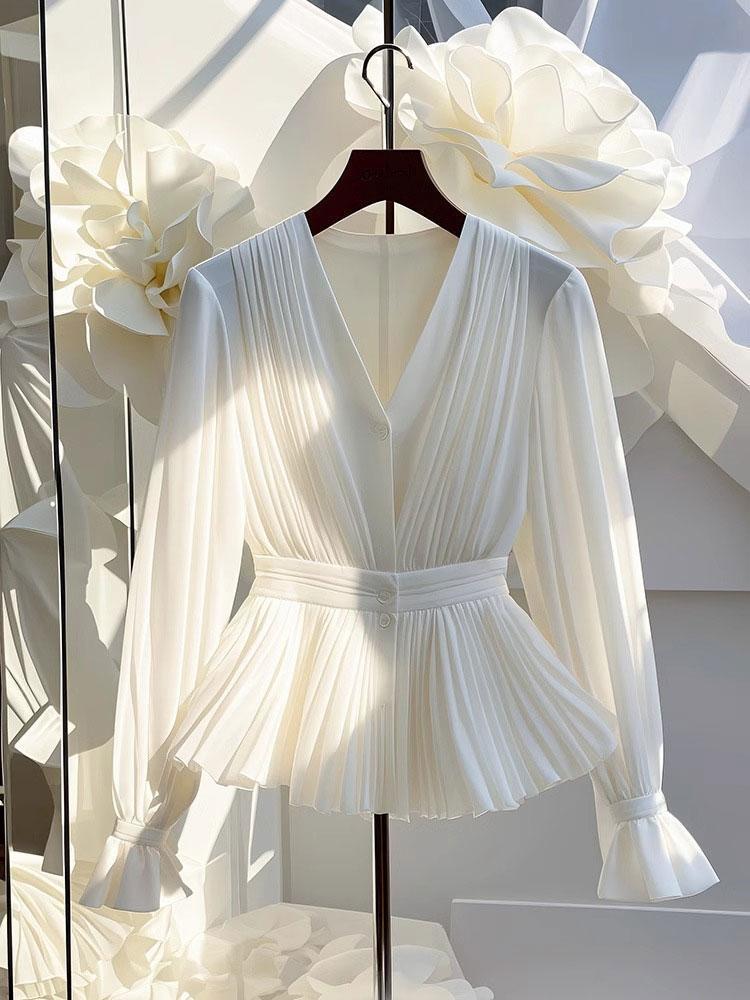 Camisa juvenil elegante plisada blanca de manga larga con botones para mujer, túnica con volantes y cuello en V, blusa básica de gasa informal para oficina para mujer