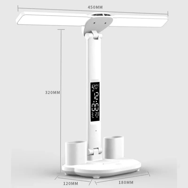 Lâmpada de mesa led de duas cabeças usb carregável regulável lâmpada de mesa com calendário relógio dobrável proteção para os olhos leitura luz noturna