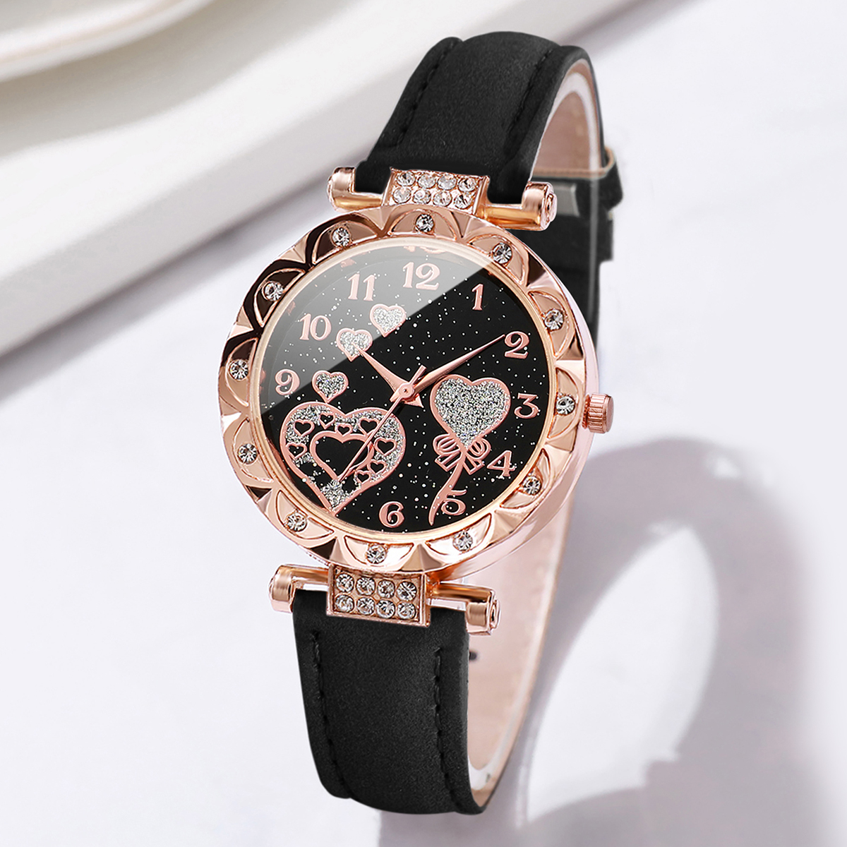 4 stks/set dameshorloges mode strass dames quartz horloge lederen band horloges armbanden set (zonder doos)