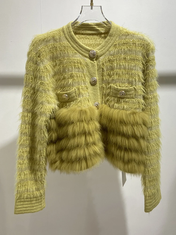 Outono menina moda amarelo real pele de raposa bonito camisola de pele real primavera linda mulher malha design especial jaqueta wear