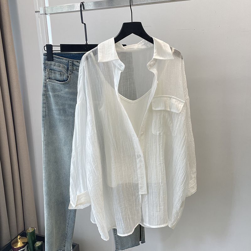 Csa Fena de Verão Fina Estilo Coreano Cor Pura Manga Longa Solta Proteção Solar Seda Aodão Casual E