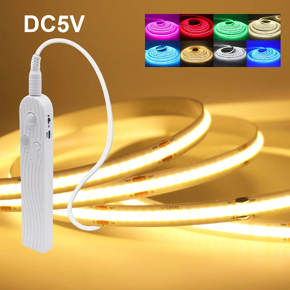 Tira de luces Led COB con Sensor de movimiento, lámpara de inducción de 5V, alimentada por batería CC, cinta Flexible de 320LEDs/m, blanco cálido, azul, rojo, rosa, RA90