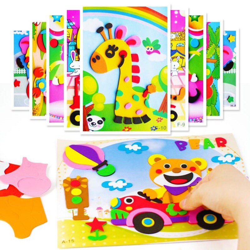 Autocollants 3D en mousse EVA, 10 pièces, Puzzle, animaux de dessin animé, 20 Styles, jouets éducatifs d'apprentissage précoce faits à la main, cadeau pour enfants