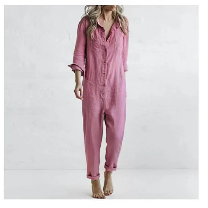 Monos Vintage de lino y algodón para mujer, mono con diseño de botones y un solo pecho, pelele de manga larga con cuello vuelto, monos con bolsillos sólidos