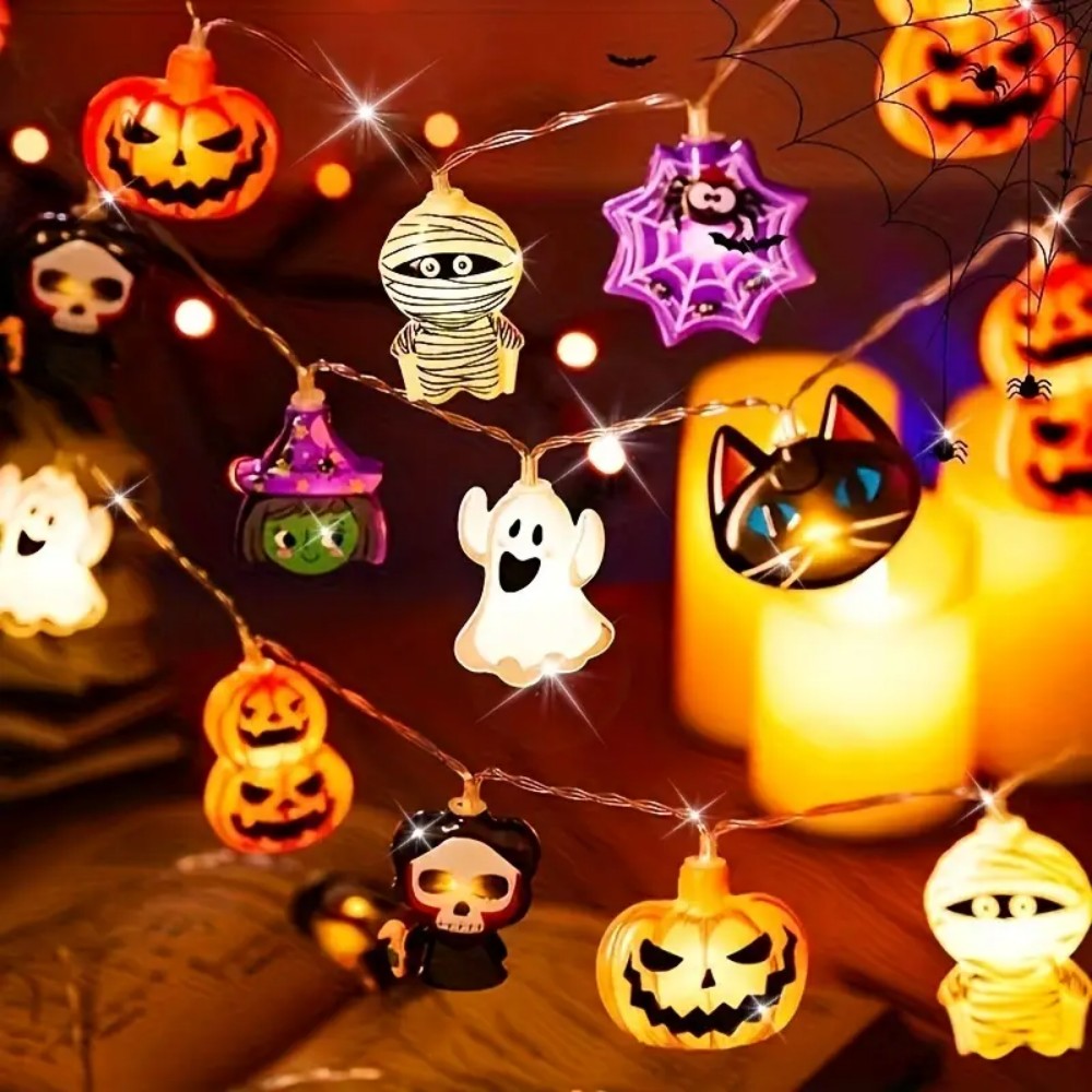 1 unidad 1.5M10LED/3M20LED caja de batería de Halloween cadena de luz de 8 elementos, sin batería, utilizada para Halloween, decoración de cosecha de otoño
