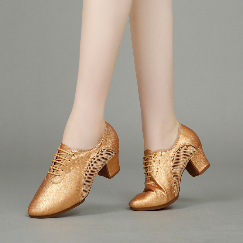 Sapatos de dança dourados femininos malha de couro sapatos de dança latina solas de borracha macia tênis de dança de salão feminino salto alto dança moderna