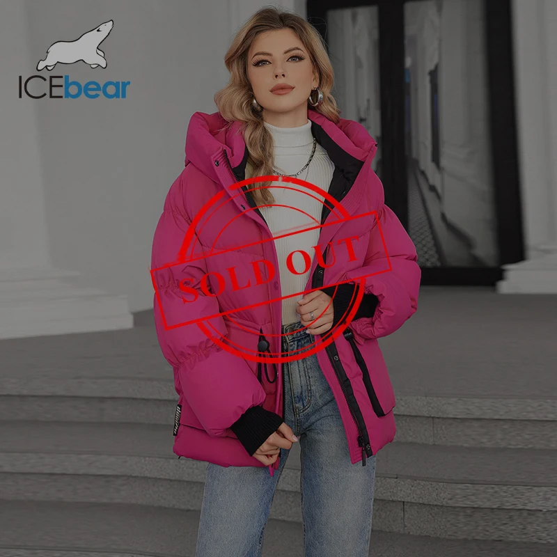 Icebear 2024 inverno feminino curto casual solto jaqueta leve com bolsos grandes feminino com capuz com zíper para baixo casaco gwd4609i