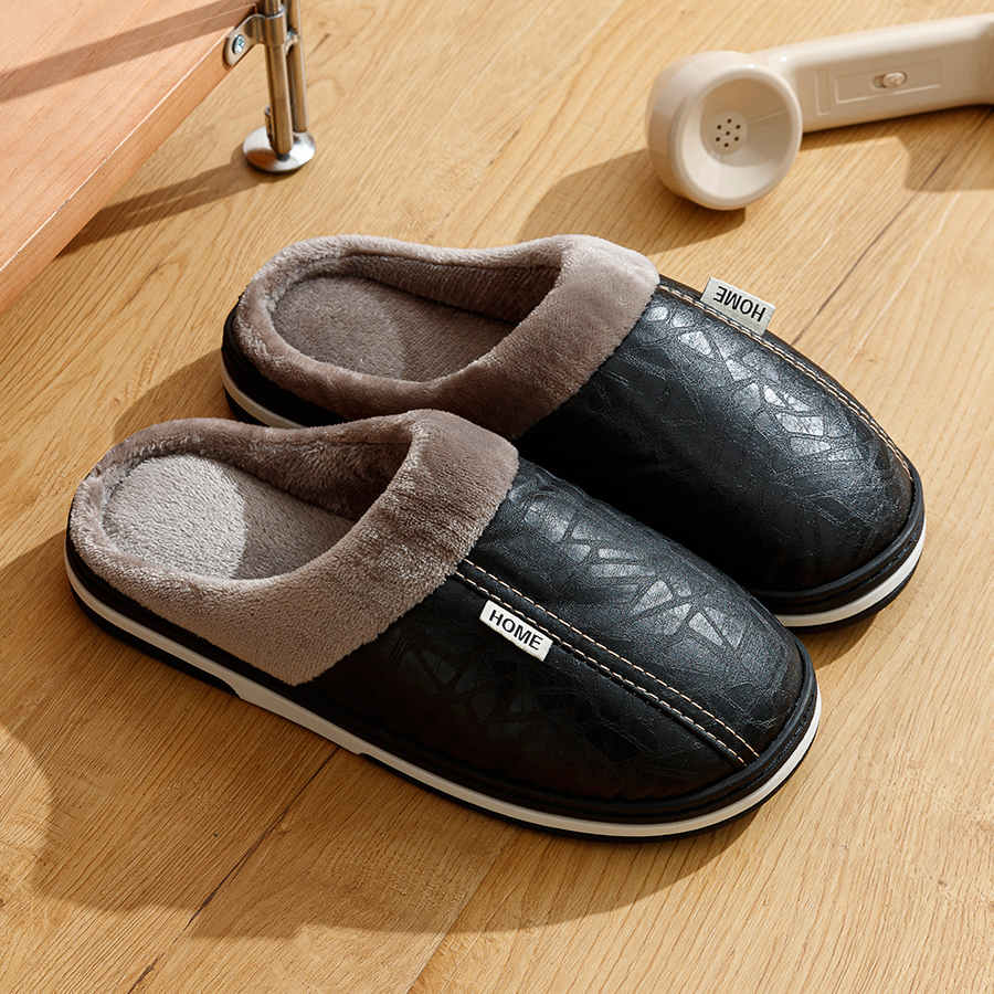 큰 크기 겨울 캐주얼 남자 슬리퍼 실내 방수 PU 가죽 홈 신발 모피 플랫 따뜻한 패션 침실 Houseshoes