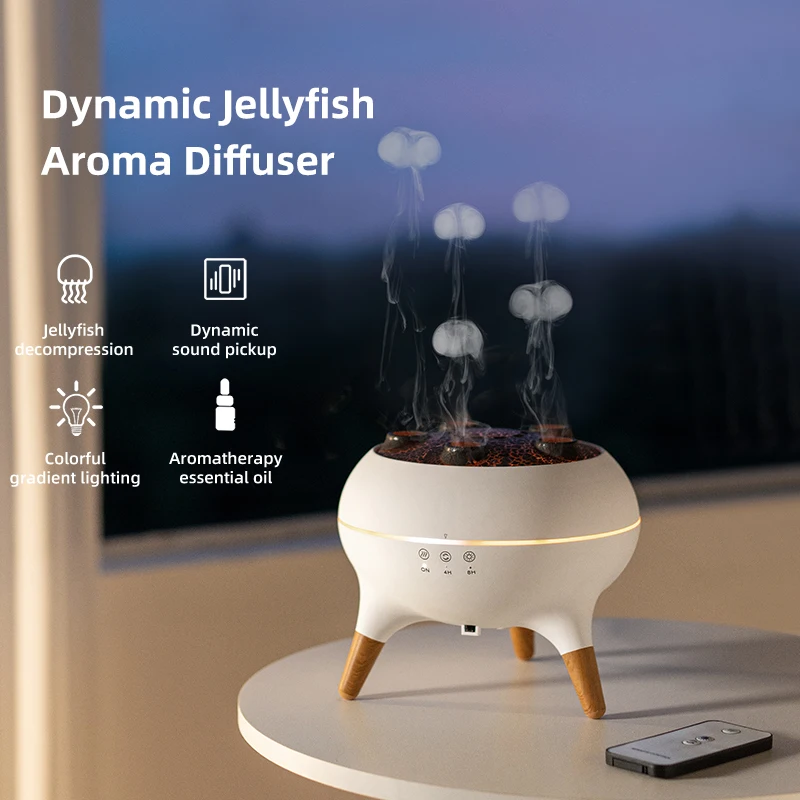 Dynamischer Quallen-Luftbefeuchter, 250 ml, Diffusor für ätherische Öle, Fernbedienung, Schlafzimmer-Luftbefeuchter mit 7 bunten Nachtlichtern