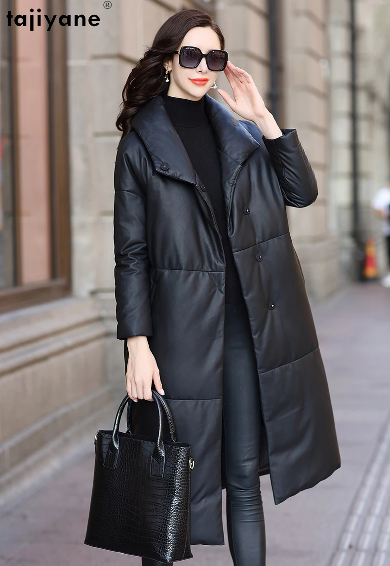 Tajiyane-女性用の本革カジュアルジャケット,白いダックダウンコート,長いシープスキンジャケット,暖かいパーカー,スタンドカラー,冬