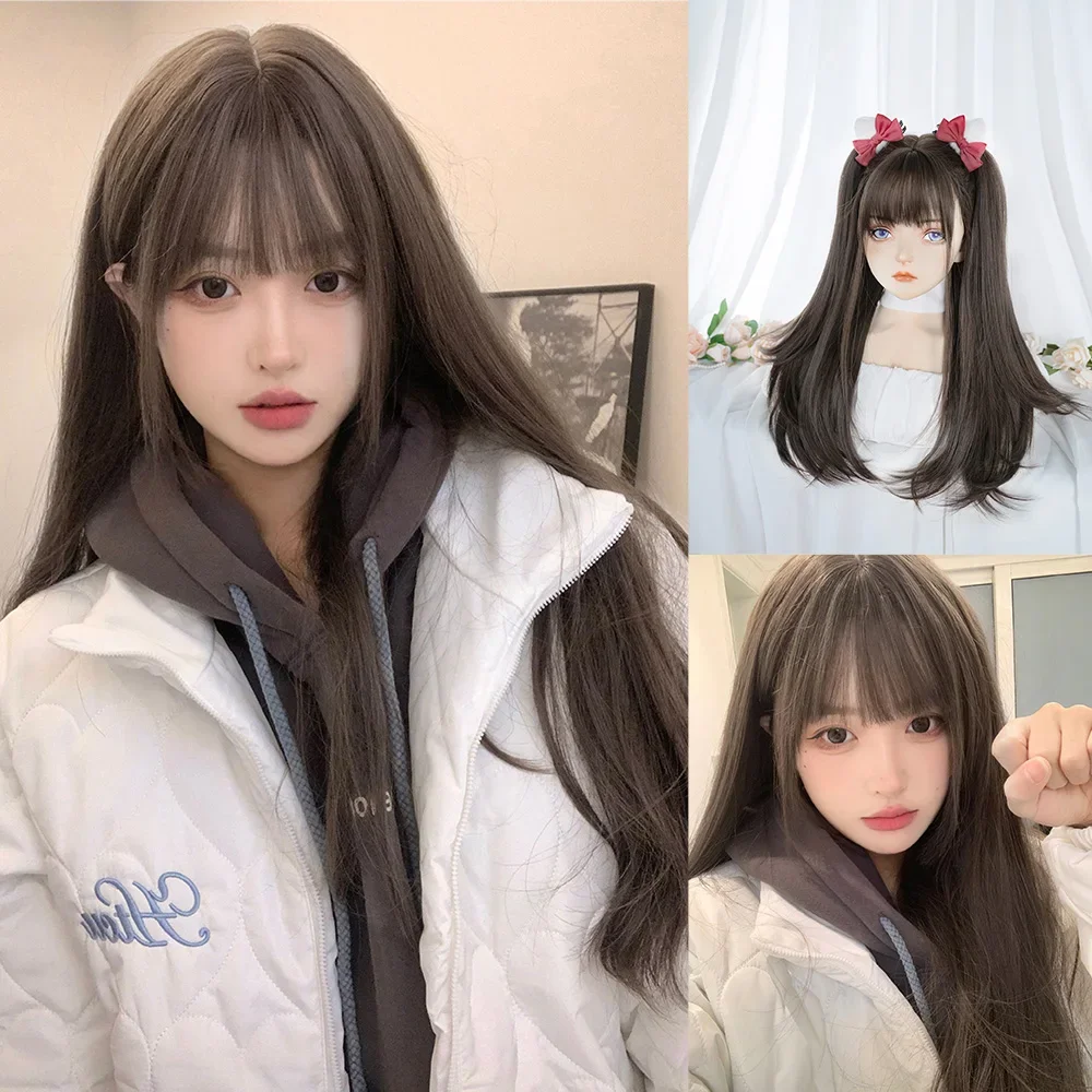 24 Polegada perucas sintéticas marrom frio com bang médio natural peruca de cabelo reto para uso diário feminino cosplay resistente ao calor lolita
