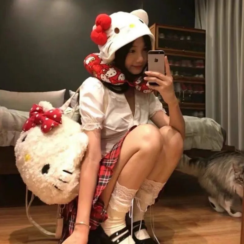 MBTI Hello Kitty bolso de hombro de felpa para mujer, bolso de mano de gran capacidad con dibujos animados suaves y esponjosos, bolso informal de estilo japonés