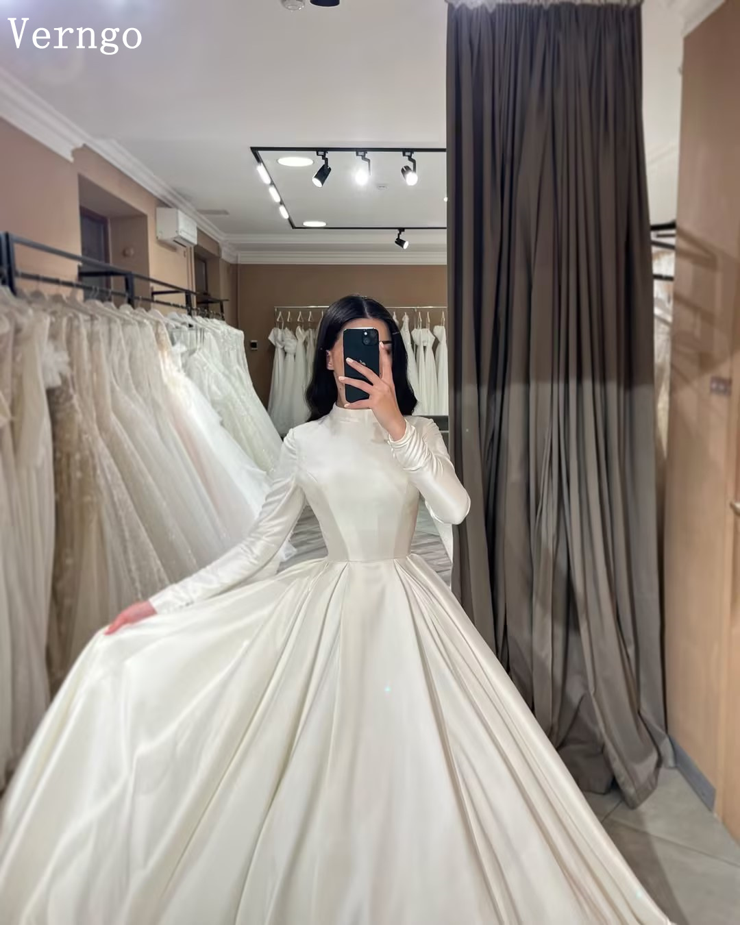 Verngo lvory Satin Wedding Dress High Neck Full Sleeves Bride Gowns Modest Mulism A Line Bridal Dresses Customized