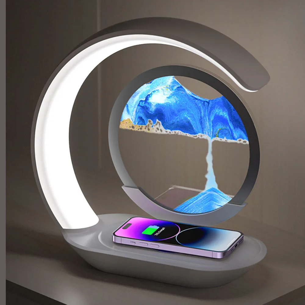 Lámpara de mesa con arena movediza, lámpara de escritorio con carga inalámbrica, adornos de reloj de arena 3D, pintura de arena, luz nocturna para decoración de oficina y habitación
