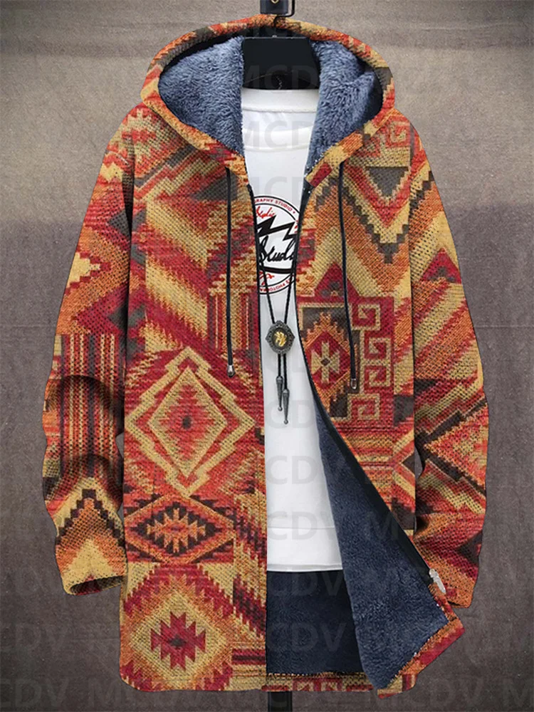 Unisex Retro Ethnic Pattern Print Plush Thick Long-Sleeved Sweater Cardigan Coat