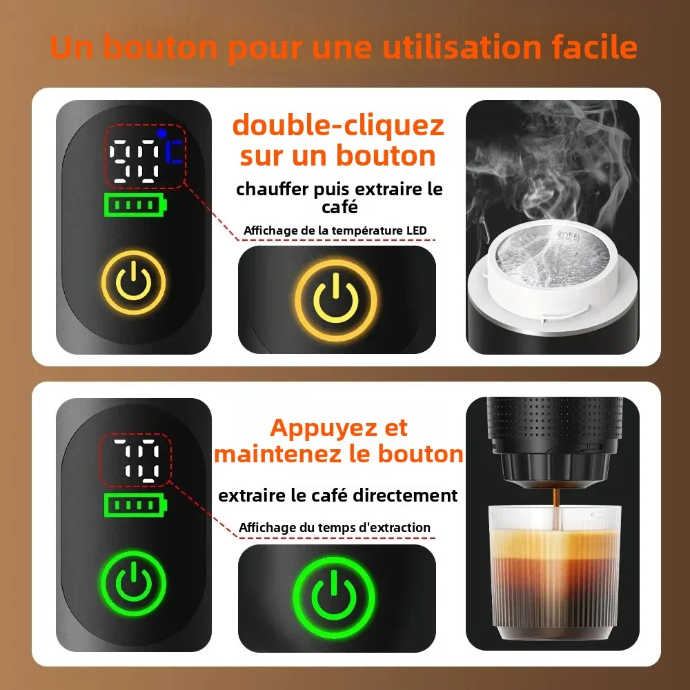 Machine à café expresso portable sans fil Foombthe pour voiture et camping, réservoir d'eau de 80 ml, affichage numérique, machine à café de voyage 3 en 1 pour capsules et poudres
