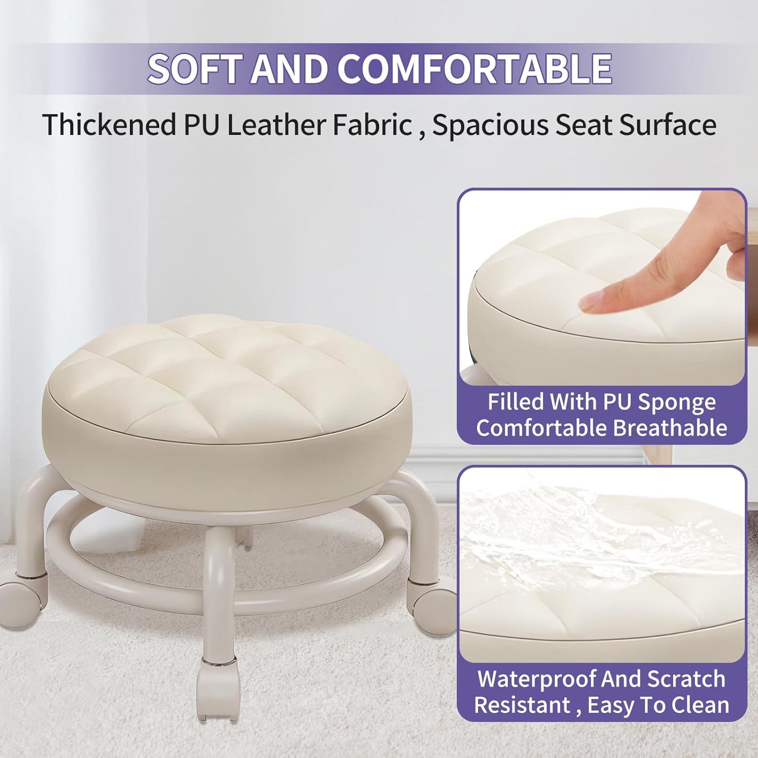 360 회전 어린이 도르래 낮은 의자 플라스틱 의자 다리 롤링 의자 방수 PU 가죽 좌석 가정용 작은 원형 의자