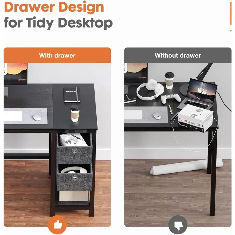 Small Computer Desk, 40X24 Inch Office Writing Work Study Gaming PC Table with 2-Tier Drawers Storage Shelf, Side Headphone Hoo
