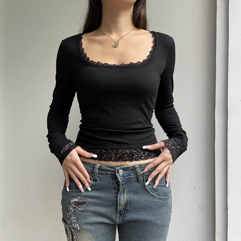 女性用長袖ラウンドネックレースTシャツ,用途の広いトップス,スリムフィットTシャツ,カジュアルなストリートウェア,セクシー,黒,新しい,ファッション,秋