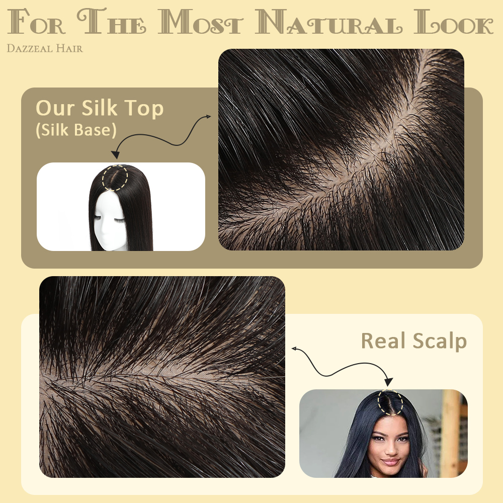 Dazzeal Base en soie Topper pour femmes naturel Europe Extensions de cheveux humains pince ins postiche droite Base en soie cheveux humains Toppers