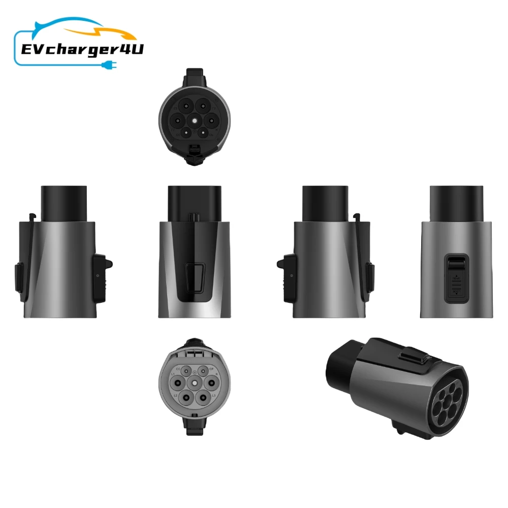Evcharger4u iec62196 tipo 2 para gbt ev adaptador trifásico 32a 22kw com hock duplo para marca chinesa ev conversor adaptador de carregamento