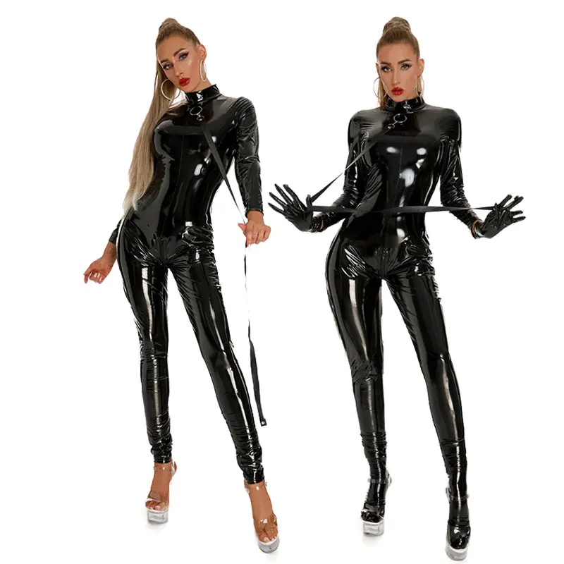 Frauen Schwarz Glänzend PU Latex Body Sexy Zip Open Crotch Catsuit Dünne Kunstleder Overall Clubwear PVC Latex Body