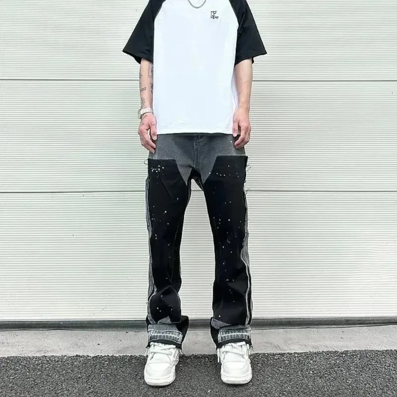 ストリートパンツ、ストレートレッグパンツ、レトロなスプライスシップパンツ、トレンディなデニム、ヨーロッパとアメリカの2024でパーソナライズされたウォッシュドジーンズ