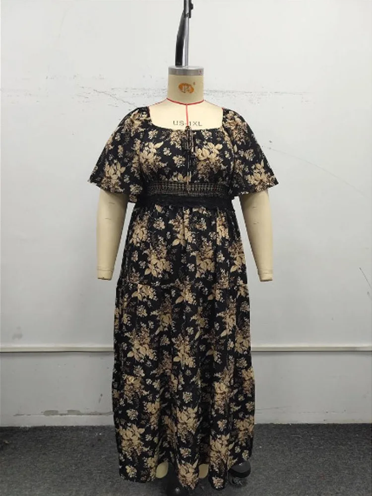 GIBSIE Plus Size Maxikleid mit quadratischem Ausschnitt und Blumendruck für Damen, Sommer, 2025, Knoten vorne, aushöhlen, Boho-Urlaub, große Swing-Kleider