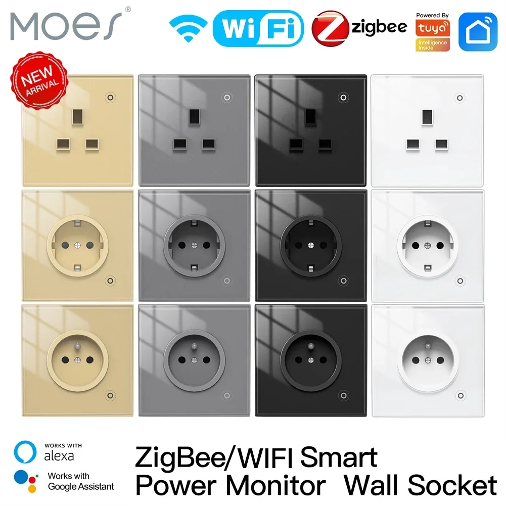 Moes ZigBee 壁ソケット WIFI スマート ガラス パネル コンセント パワー モニター tuya ワイヤレス コントロール タイマー Alexa Google ホーム音声 UK EU FR
