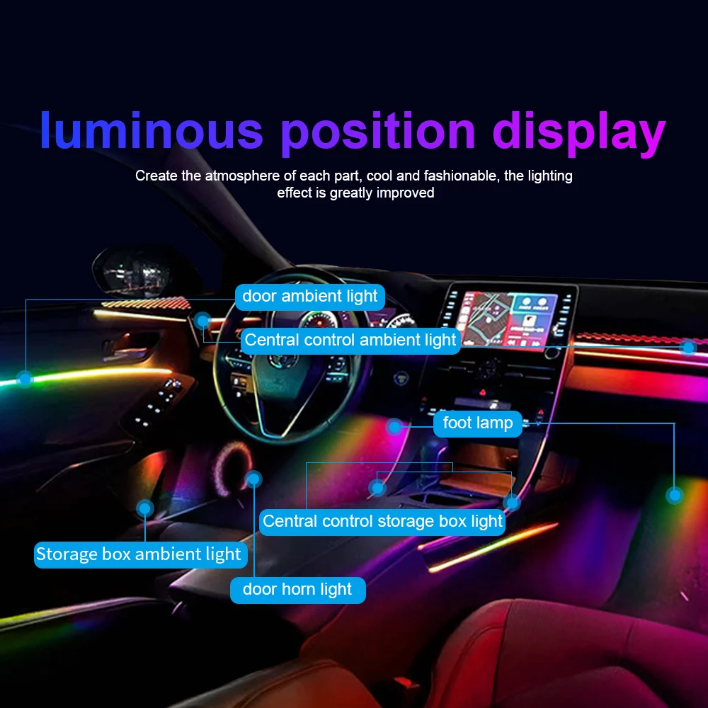 18 en 1 64 colores RGB sinfónico luz ambiental del coche guía acrílica Interior tira de luz LED decoración lámpara de ambiente por Control de aplicación