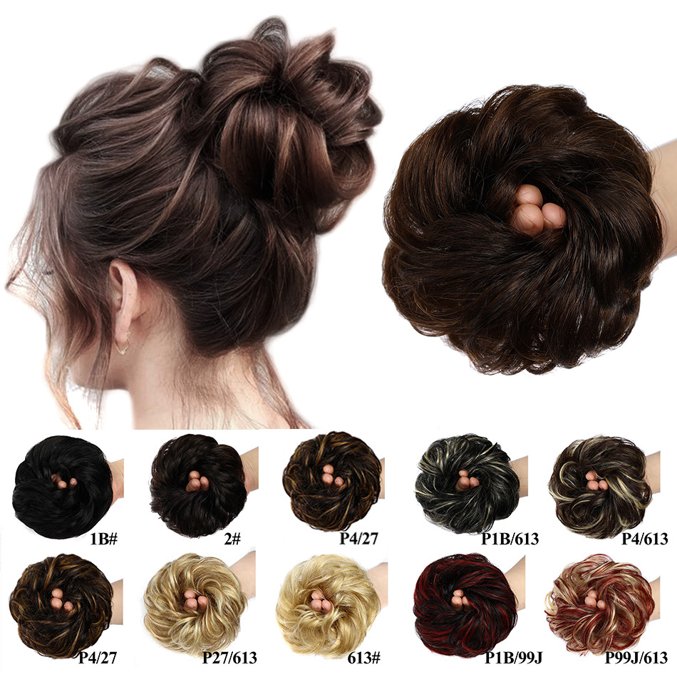 BHF Echthaarknoten, lockiger Chignon, Pferdeschwanz, Haarteil, Hochsteckfrisur, Donut, flexibel, elastisch, echte Perücke, unordentliche gewellte Brötchen