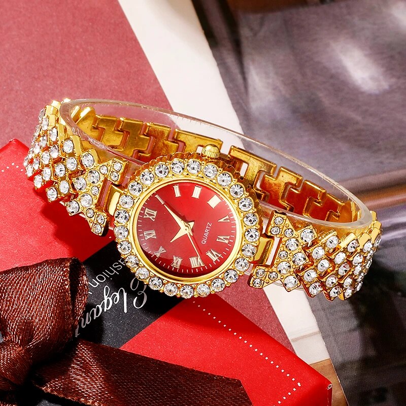 Reloj de lujo dorado para mujer, anillo, collar, pendiente, diamantes de imitación, reloj de pulsera informal para mujer, conjunto de joyería