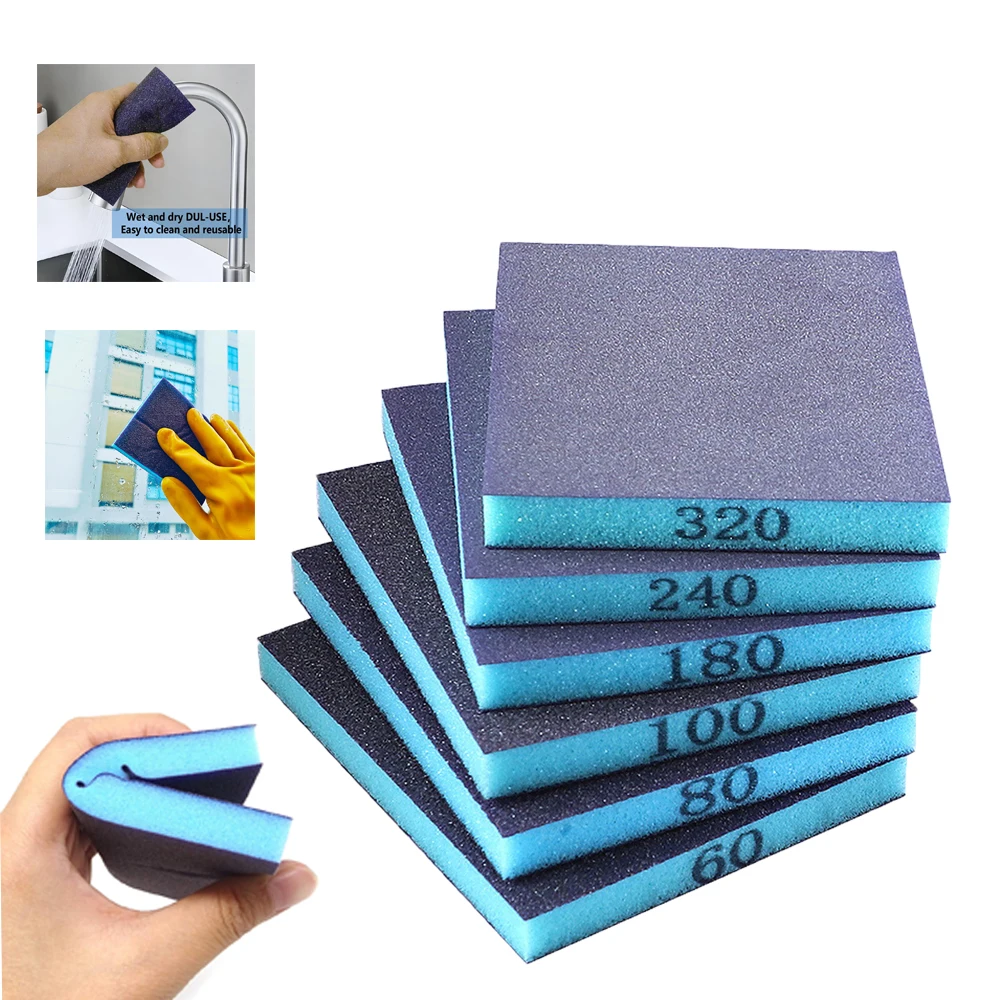Juego de esponjas de lijado de 6 uds., grano 60-320, grueso, medio fino, lavable, reutilizable, bloques en seco y húmedo para pintura de muebles de vidrio, Metal y madera
