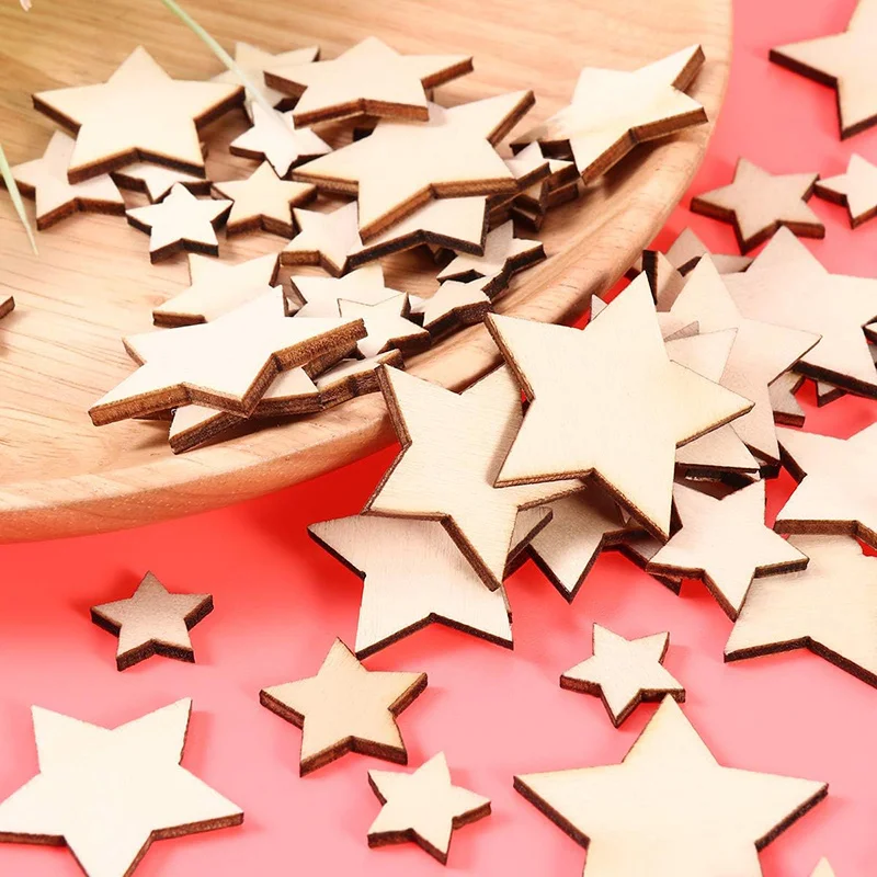 100-500 Uds Mini estrellas de madera en blanco rodajas de estrellas de madera estrella de Navidad estrella de madera de tamaño mixto para manualidades navideñas DIY suministro