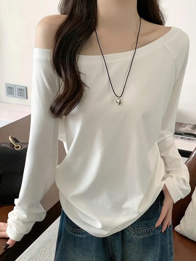 Футболка оверсайз с открытыми плечами и длинными рукавами, женские однотонные повседневные топы, женские весенне-осенние базовые футболки, молодежные блузки в корейском стиле