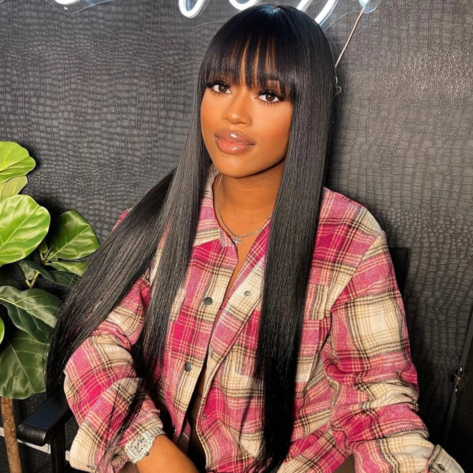 シルキーウィッグ人毛フルマシンメイドストレート 100% 人毛ウィッグ前髪付き女性のためのブラジルの安いウィッグ販売クリアランス