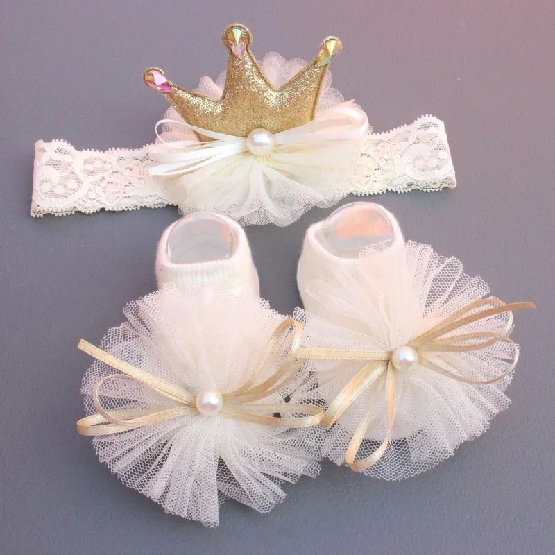 Conjunto de meias para cabeça de bebê, faixa de cabeça macia e confortável, faixa de cabeça com flor de coroa de bebê, meias de barco para crianças, meias de chão