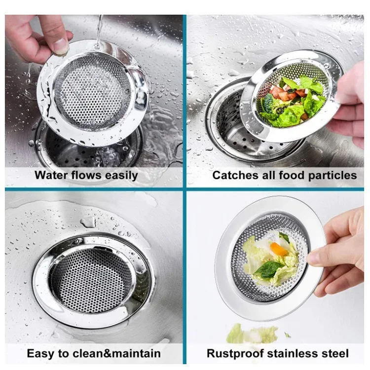 Filtre d'évier de cuisine en acier inoxydable, bouchon de vidange en maille, crépines en maille d'égout, filtre d'évier de salle de bains, trou de vidange, piège filtrant 1/2 pièces