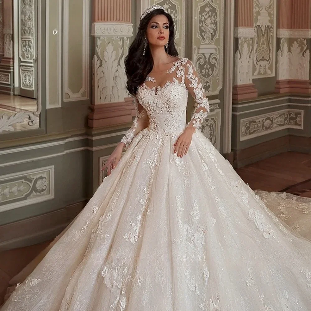 Lindo vestido de baile personalizado, vestido de casamento, manga longa, renda, apliques, princesa, noiva, casamento, roupas femininas