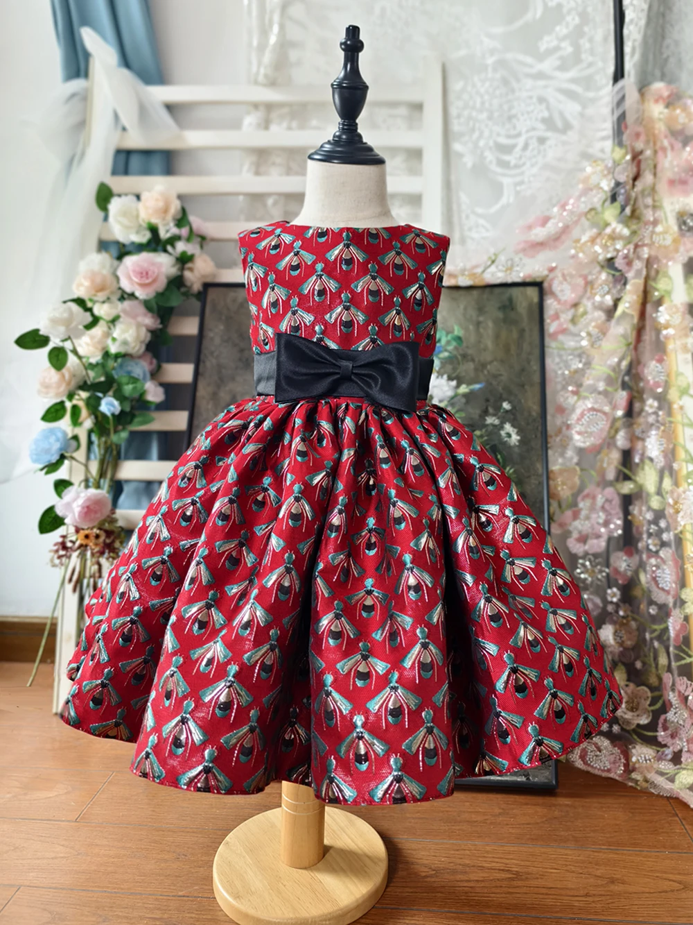 Rot-schwarzes Glitzer-Bienen-Brokat-Satin-Ballkleid für Mädchen, Puff-Baby-Blumenmädchenkleid für Hochzeit, Geburtstag, Kleinkind, Kinder, 1–14 Jahre